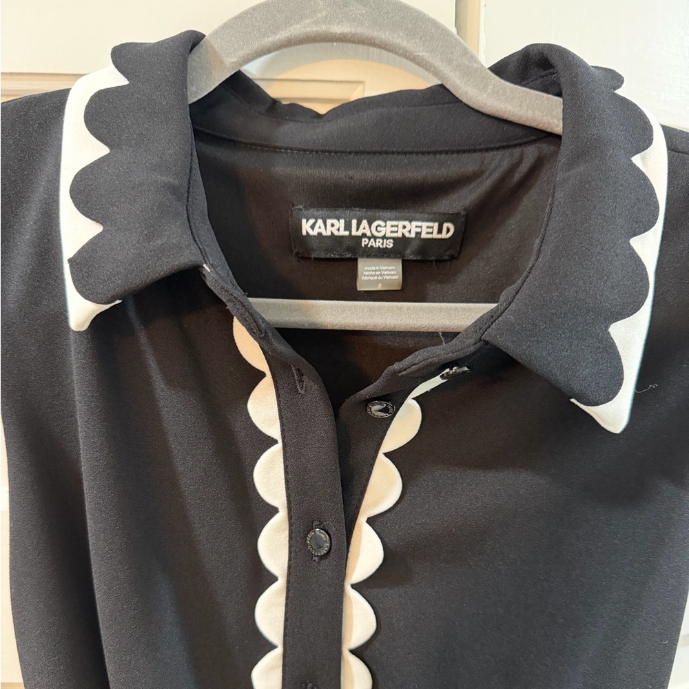 Karl Lagerfeld Black Mini Dress with White Scalloped Details - Picture 6 of 9
